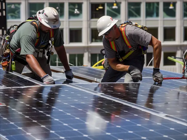 Team installing solar system